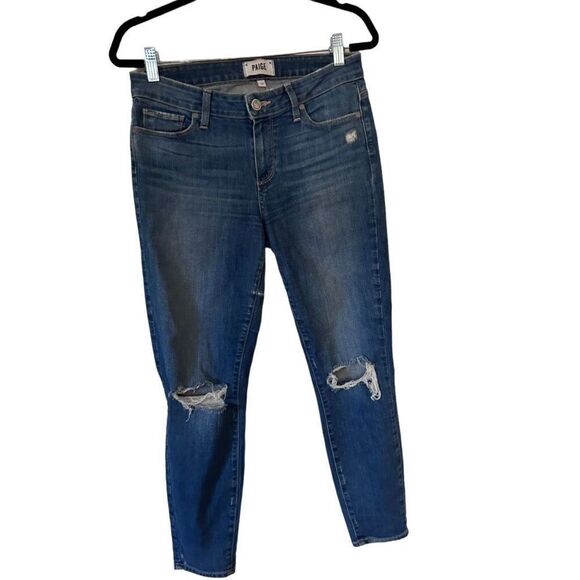 Paige 5 Pocket Style Distressed Ripped Verdugo Crop Jeans Blue Size 30 - Picture 1 of 8